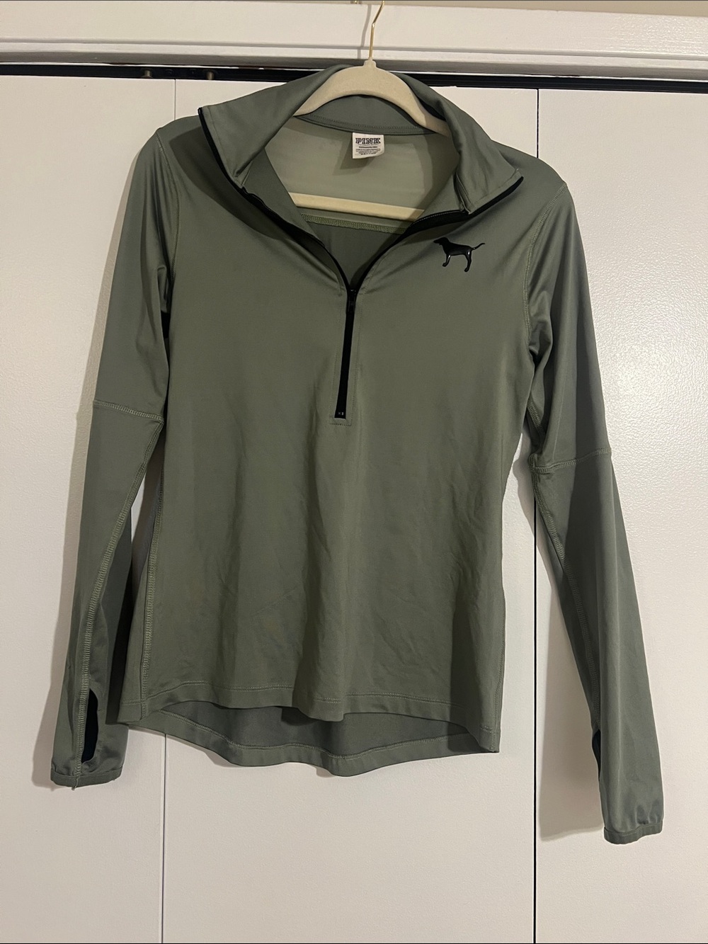 PINK Victoria's Secret Sage Green Zip-Front Pullover with Black Logo